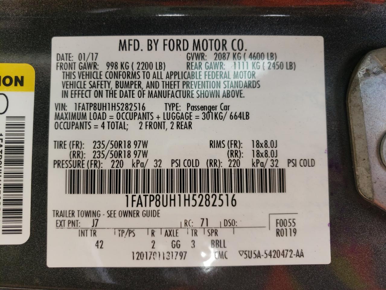 Photo 10 from auction – 2017 FORD MUSTANG with VIN 1FATP8UH1H5282516