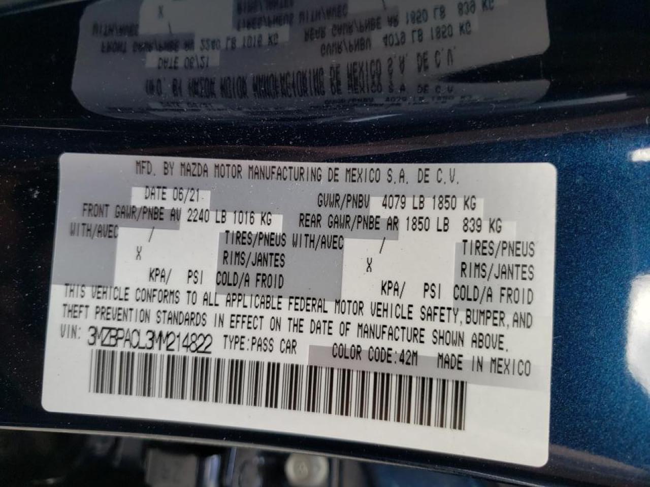 Photo 10 from auction – 2021 MAZDA 3 PREFERRE with VIN 3MZBPACL3MM214822