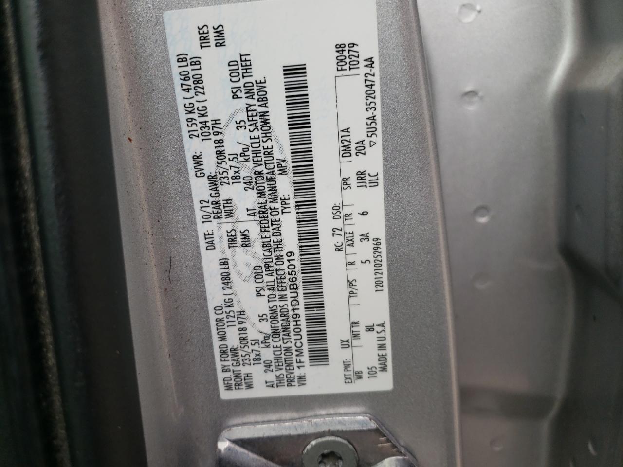 Photo 10 from auction – 2013 FORD ESCAPE SEL with VIN 1FMCU0H91DUB65019