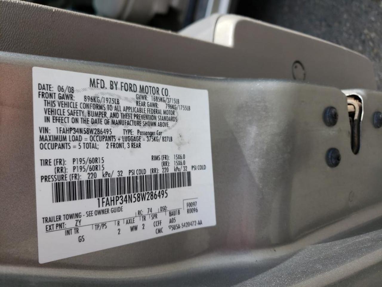 Photo 10 from auction – 2008 FORD FOCUS S/SE with VIN 1FAHP34N58W286495