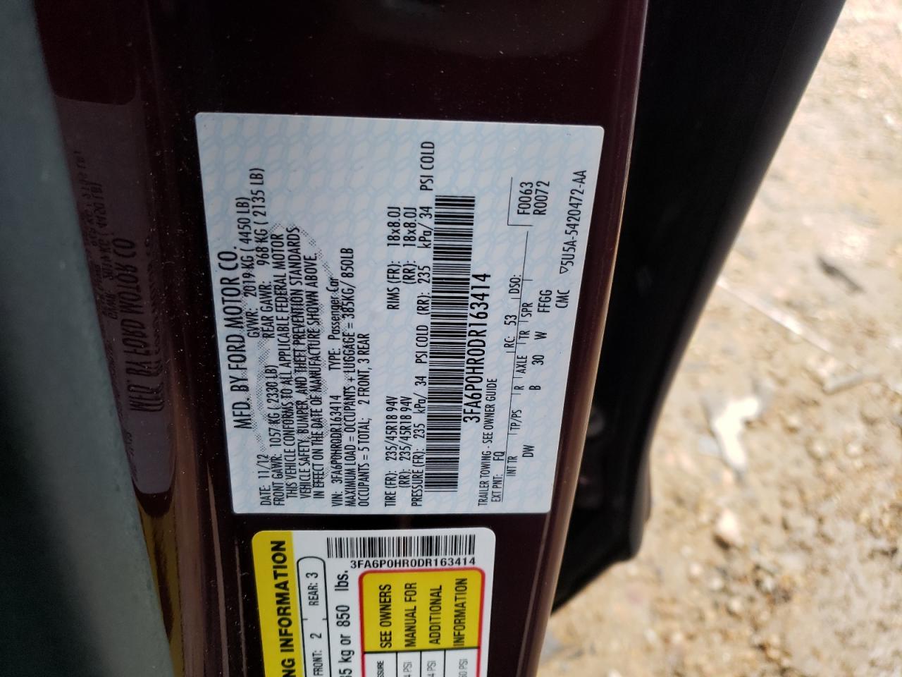 Photo 10 from auction – 2013 FORD FUSION SE with VIN 3FA6P0HR0DR163414