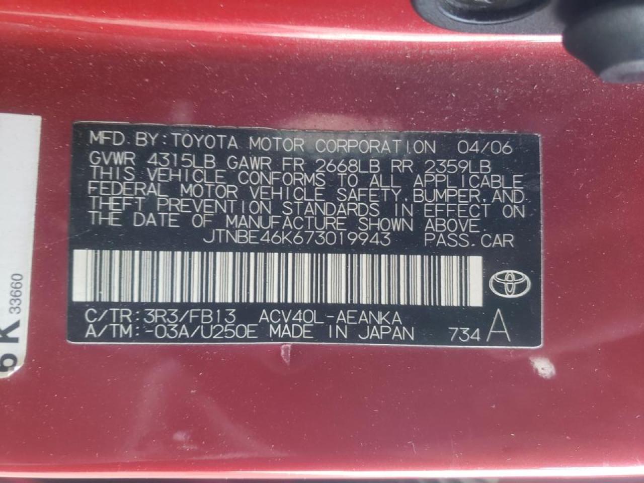 Photo 10 from auction – 2007 TOYOTA CAMRY CE with VIN JTNBE46K673019943