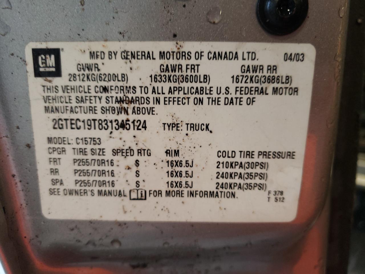Photo 10 from auction – 2003 GMC NEW SIERRA with VIN 2GTEC19T831345124