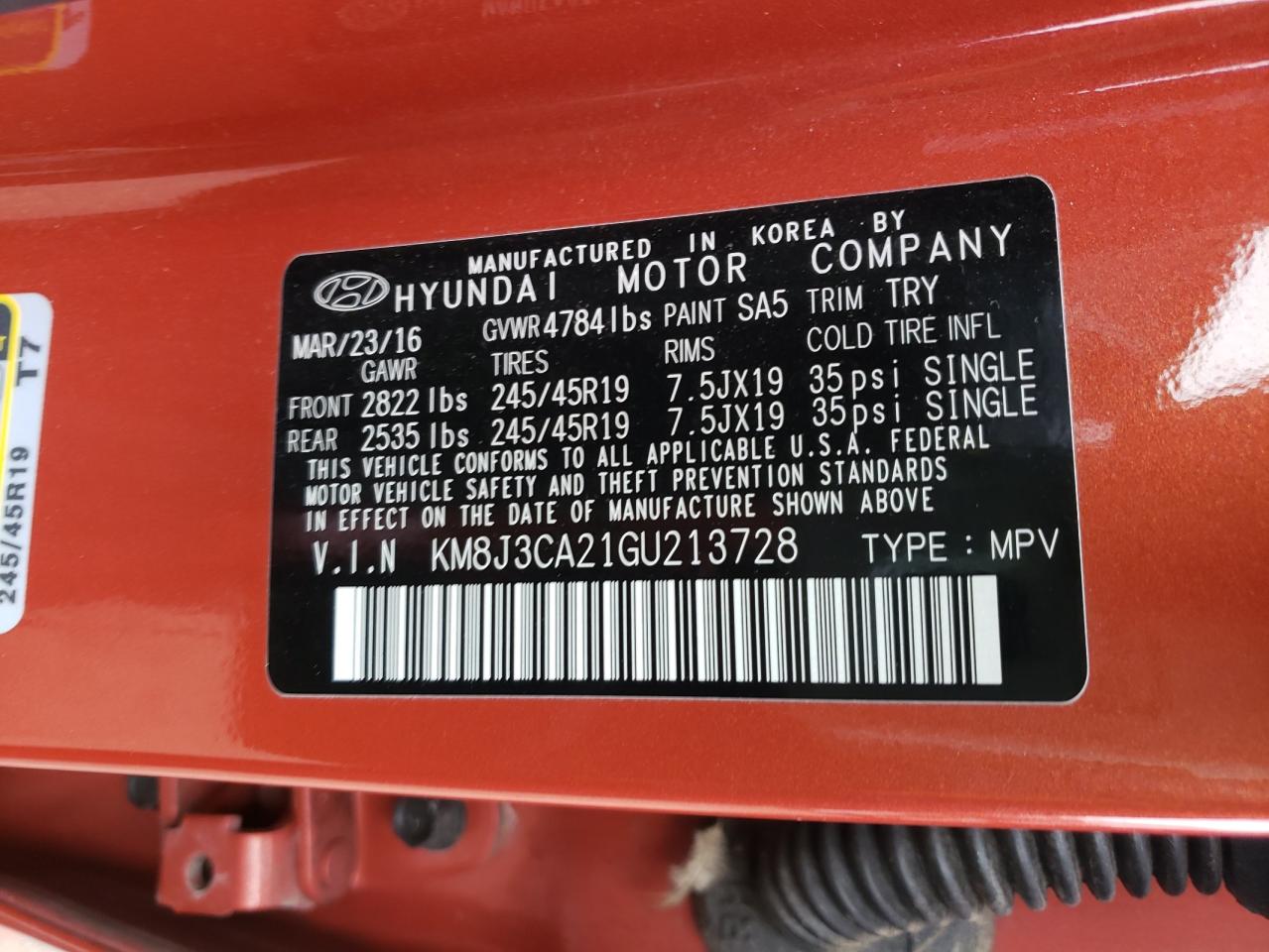 Photo 10 from auction – 2016 HYUNDAI TUCSON LIM with VIN KM8J3CA21GU213728