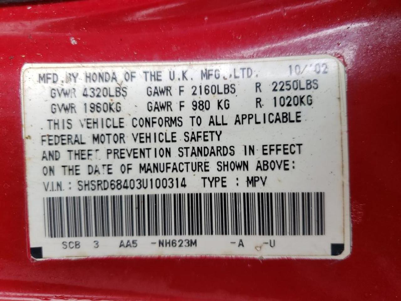 Photo 10 from auction – 2003 HONDA CR-V LX with VIN SHSRD68403U100314