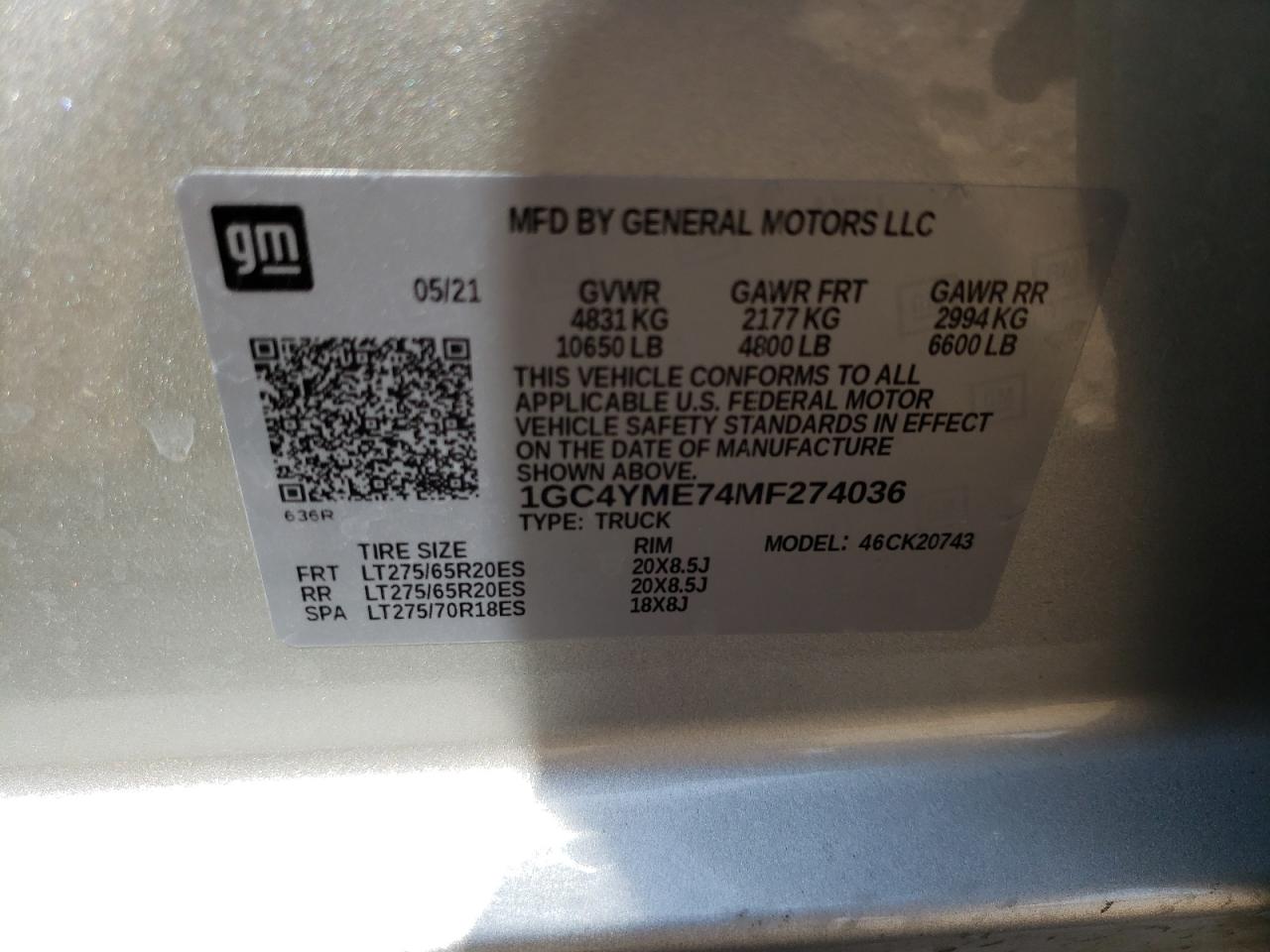 Photo 10 from auction – 2021 CHEVROLET SILVERADO with VIN 1GC4YME74MF274036