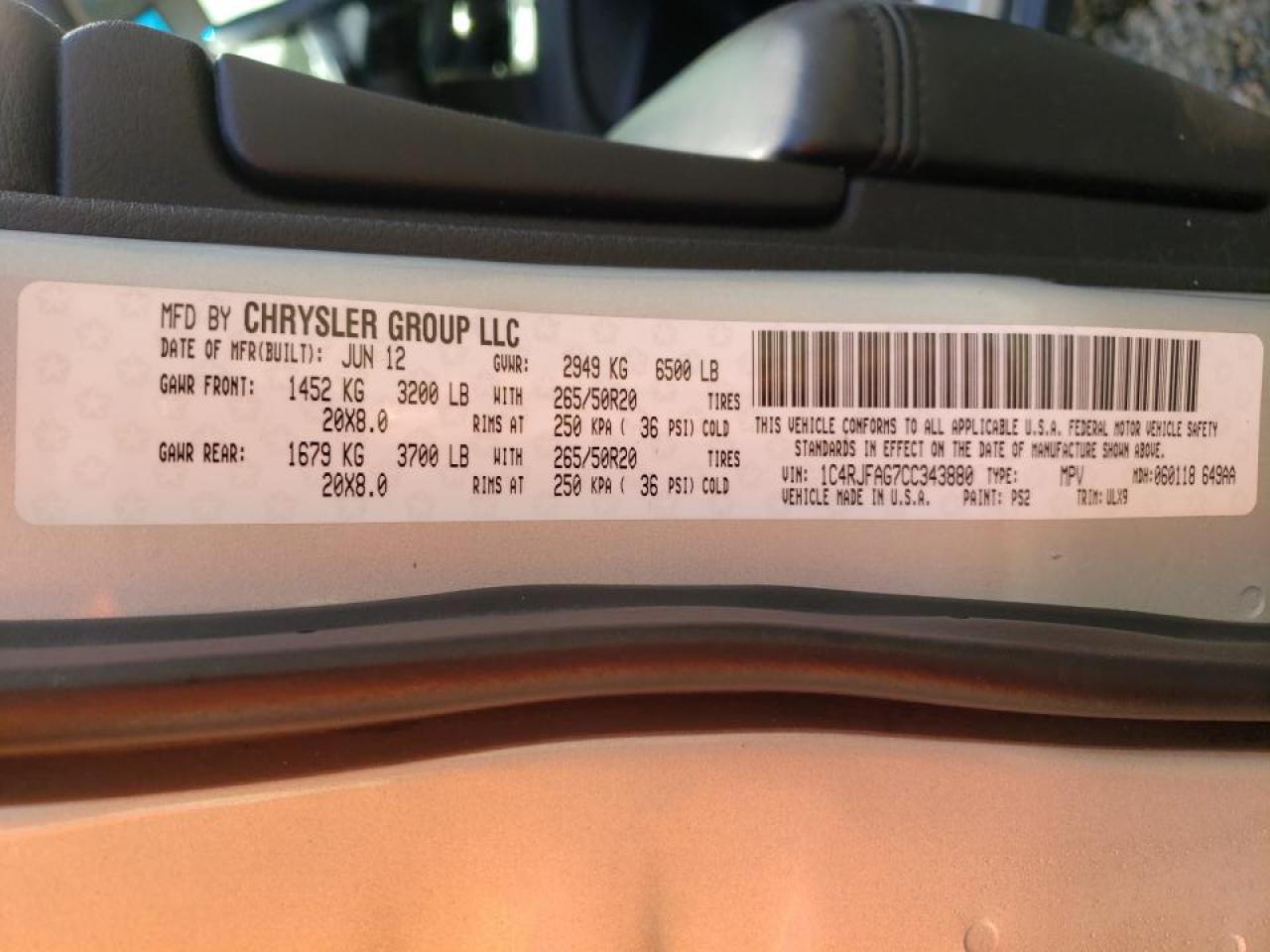 Photo 10 from auction – 2012 JEEP GRAND CHER with VIN 1C4RJFAG7CC343880