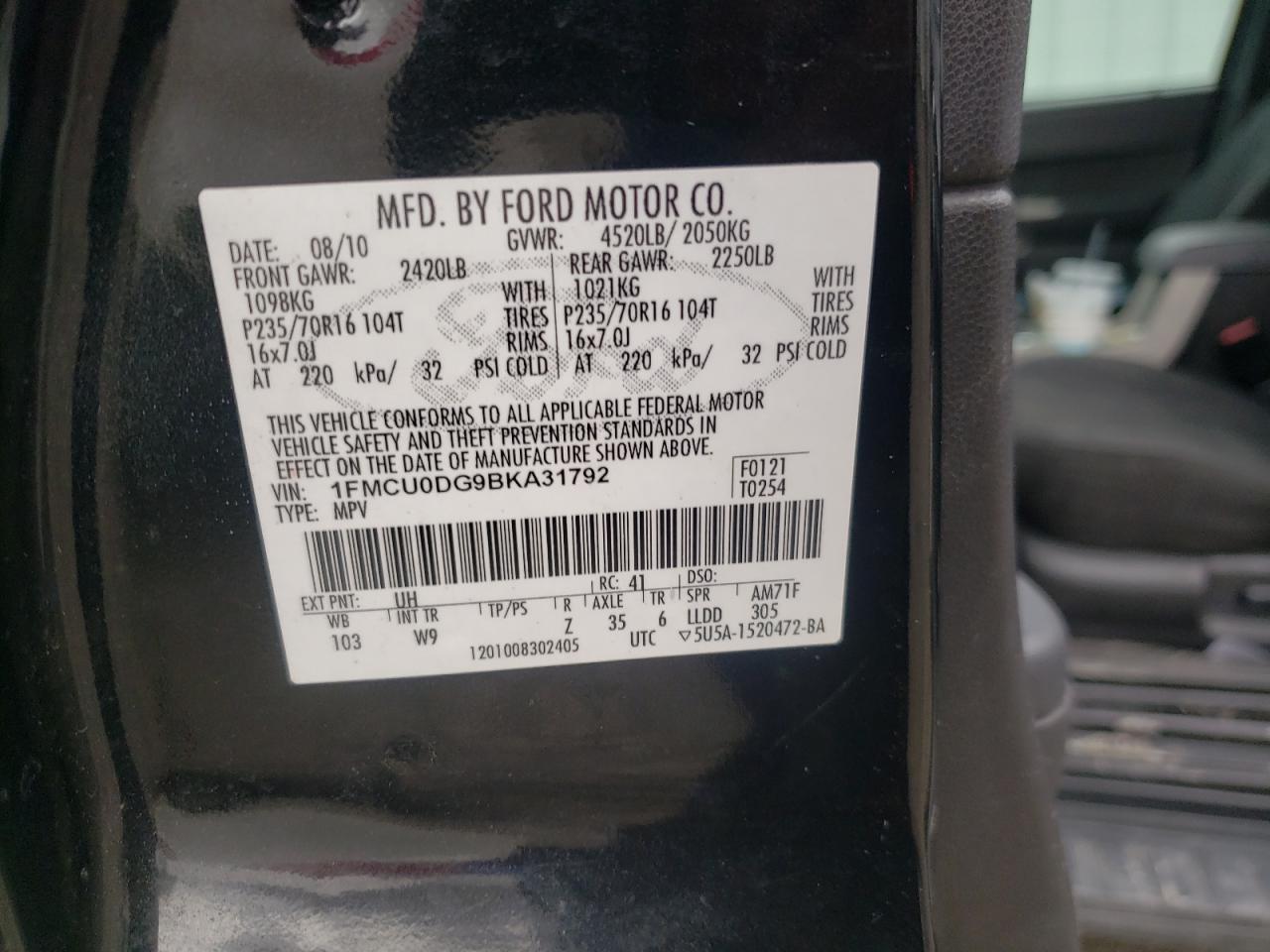 Photo 10 from auction – 2011 FORD ESCAPE XLT with VIN 1FMCU0DG9BKA31792