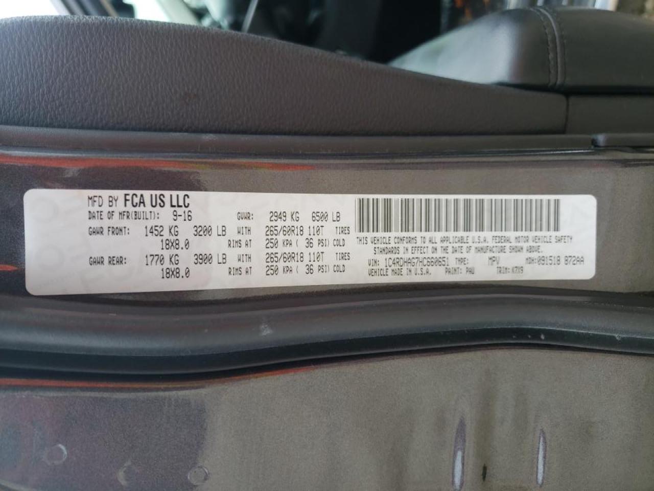 Photo 10 from auction – 2017 DODGE DURANGO SX with VIN 1C4RDHAG7HC660651