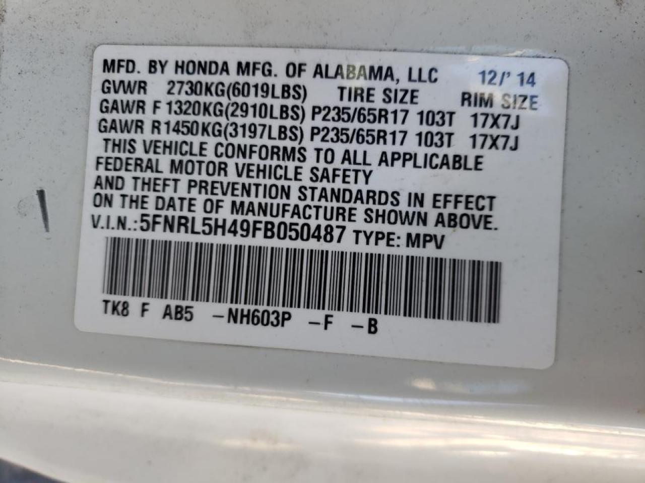 Photo 10 from auction – 2015 HONDA ODYSSEY EX with VIN 5FNRL5H49FB050487