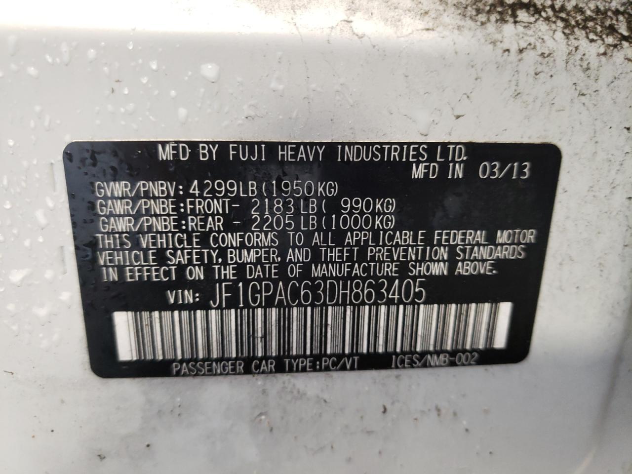 Фото 10 с аукциона – 2013 SUBARU IMPREZA PR с VIN JF1GPAC63DH863405