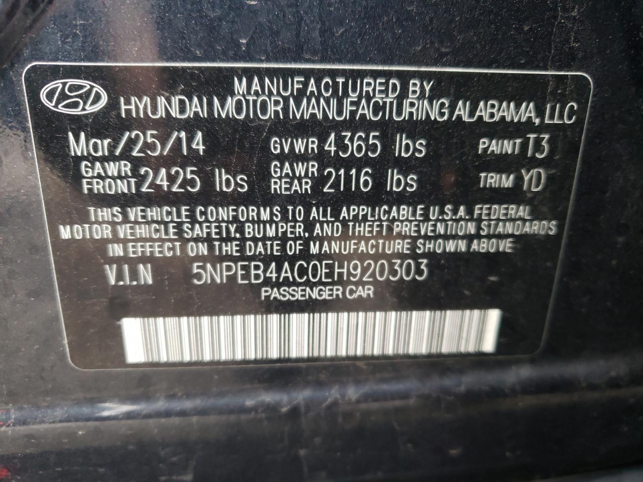 Photo 10 from auction – 2014 HYUNDAI SONATA GLS with VIN 5NPEB4AC0EH920303
