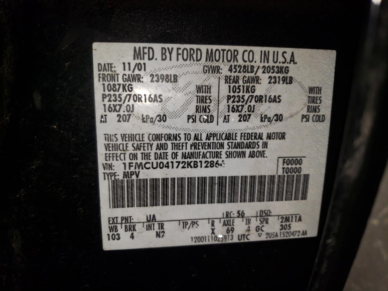 Photo 10 from auction – 2002 FORD ESCAPE XLT with VIN 1FMCU04172KB12866