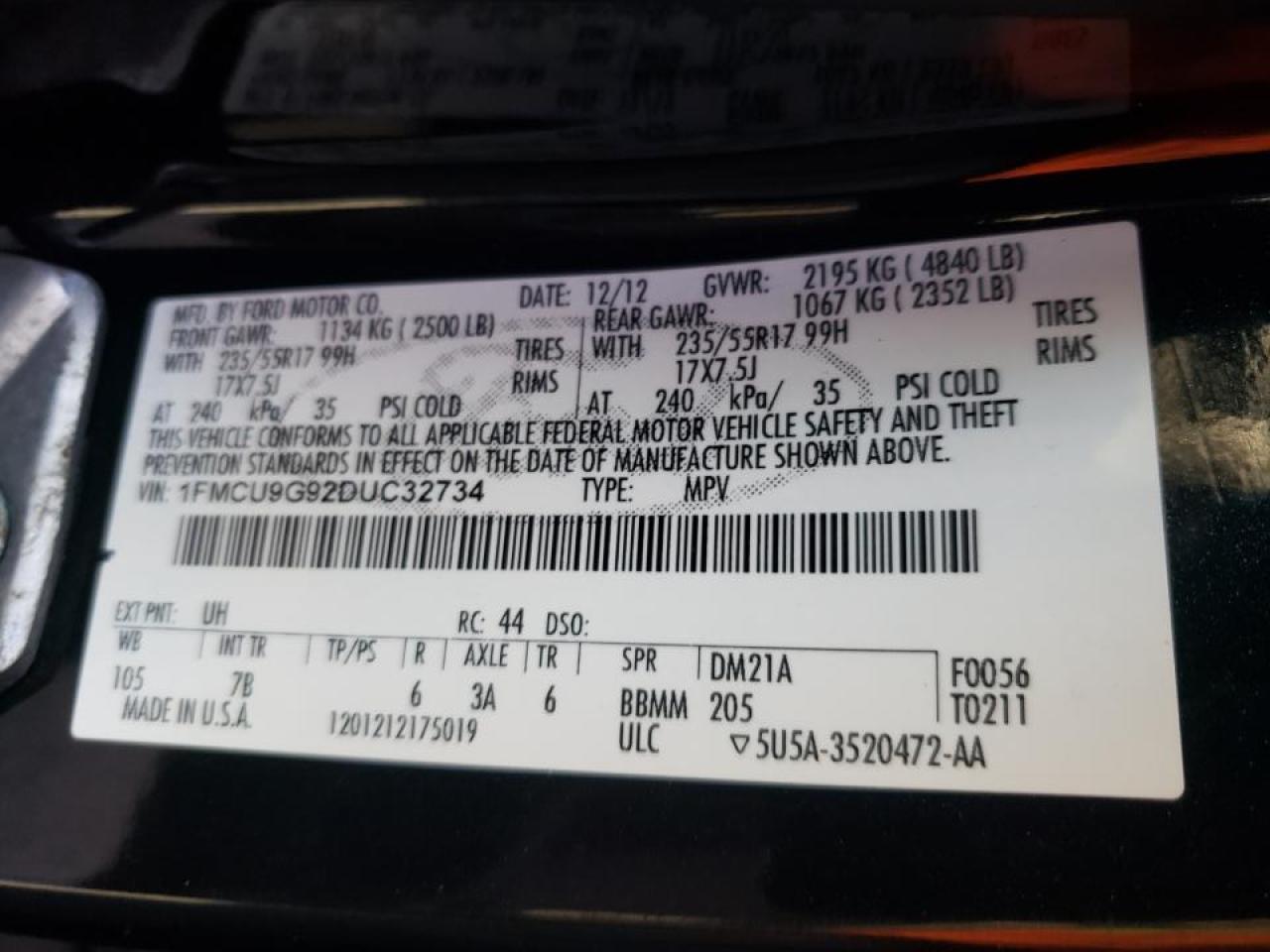 Photo 10 from auction – 2013 FORD ESCAPE SE with VIN 1FMCU9G92DUC32734