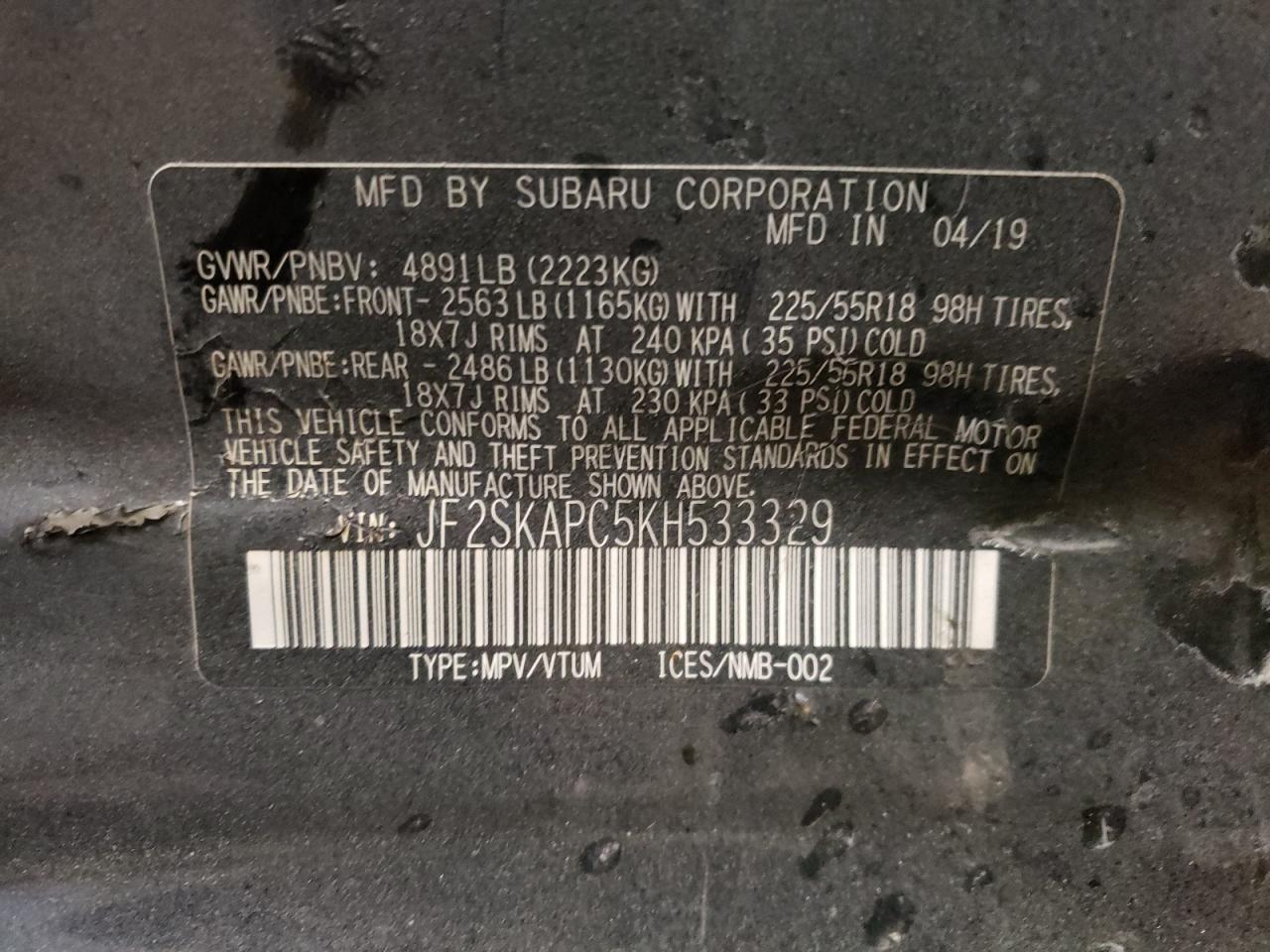 Photo 10 from auction – 2019 SUBARU FORESTER S with VIN JF2SKAPC5KH533329