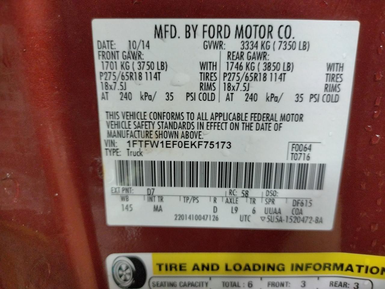 Photo 10 from auction – 2014 FORD F150 SUPER with VIN 1FTFW1EF0EKF75173