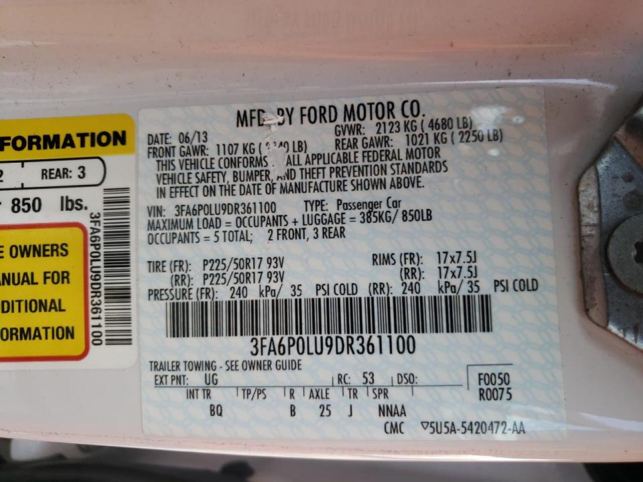 Photo 10 from auction – 2013 FORD FUSION SE with VIN 3FA6P0LU9DR361100