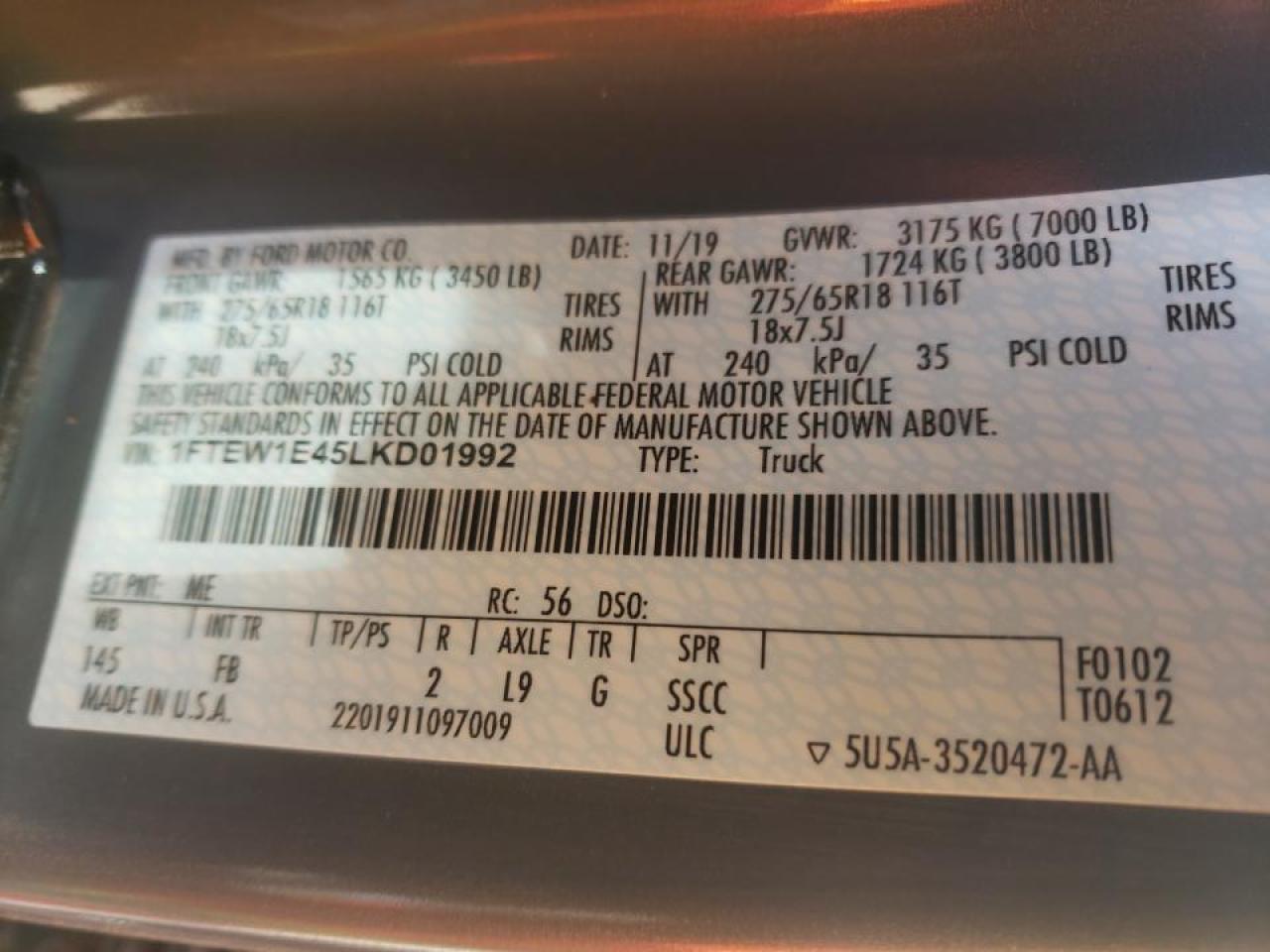 Photo 10 from auction – 2020 FORD F150 SUPER with VIN 1FTEW1E45LKD01992