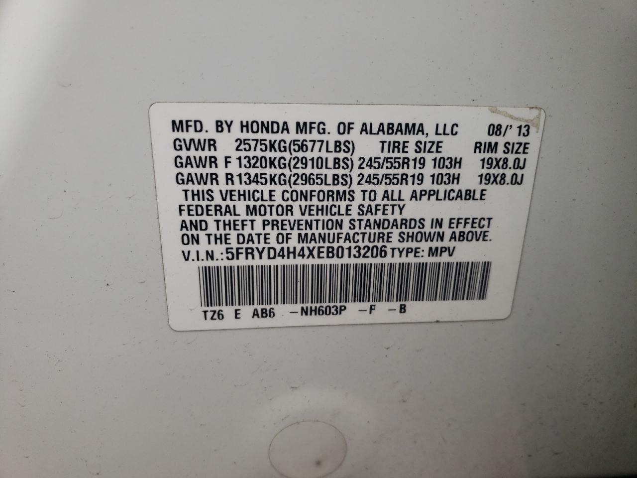 Photo 10 from auction – 2014 ACURA MDX TECHNO with VIN 5FRYD4H4XEB013206