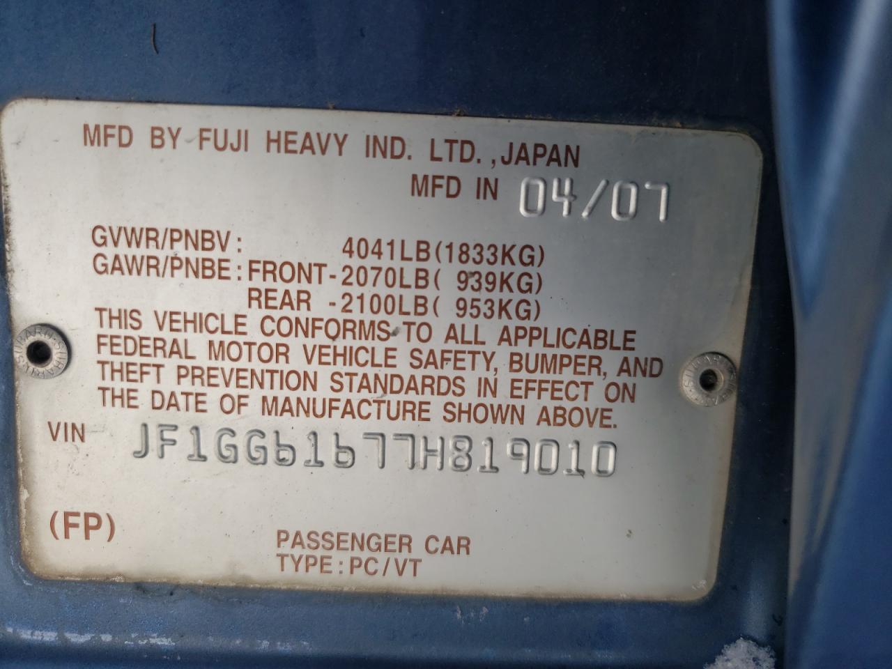 Photo 10 from auction – 2007 SUBARU IMPREZA 2. with VIN JF1GG61677H819010