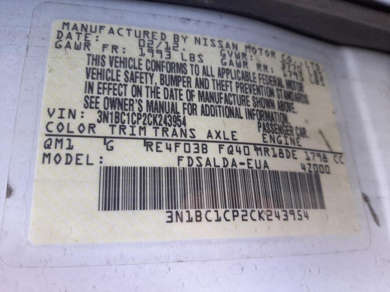Photo 10 from auction – 2012 NISSAN VERSA S with VIN 3N1BC1CP2CK243954
