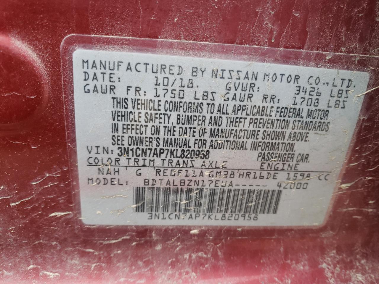 Photo 10 from auction – 2019 NISSAN VERSA S with VIN 3N1CN7AP7KL820958