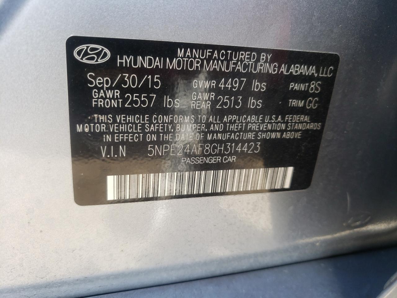 Photo 10 from auction – 2016 HYUNDAI SONATA SE with VIN 5NPE24AF8GH314423