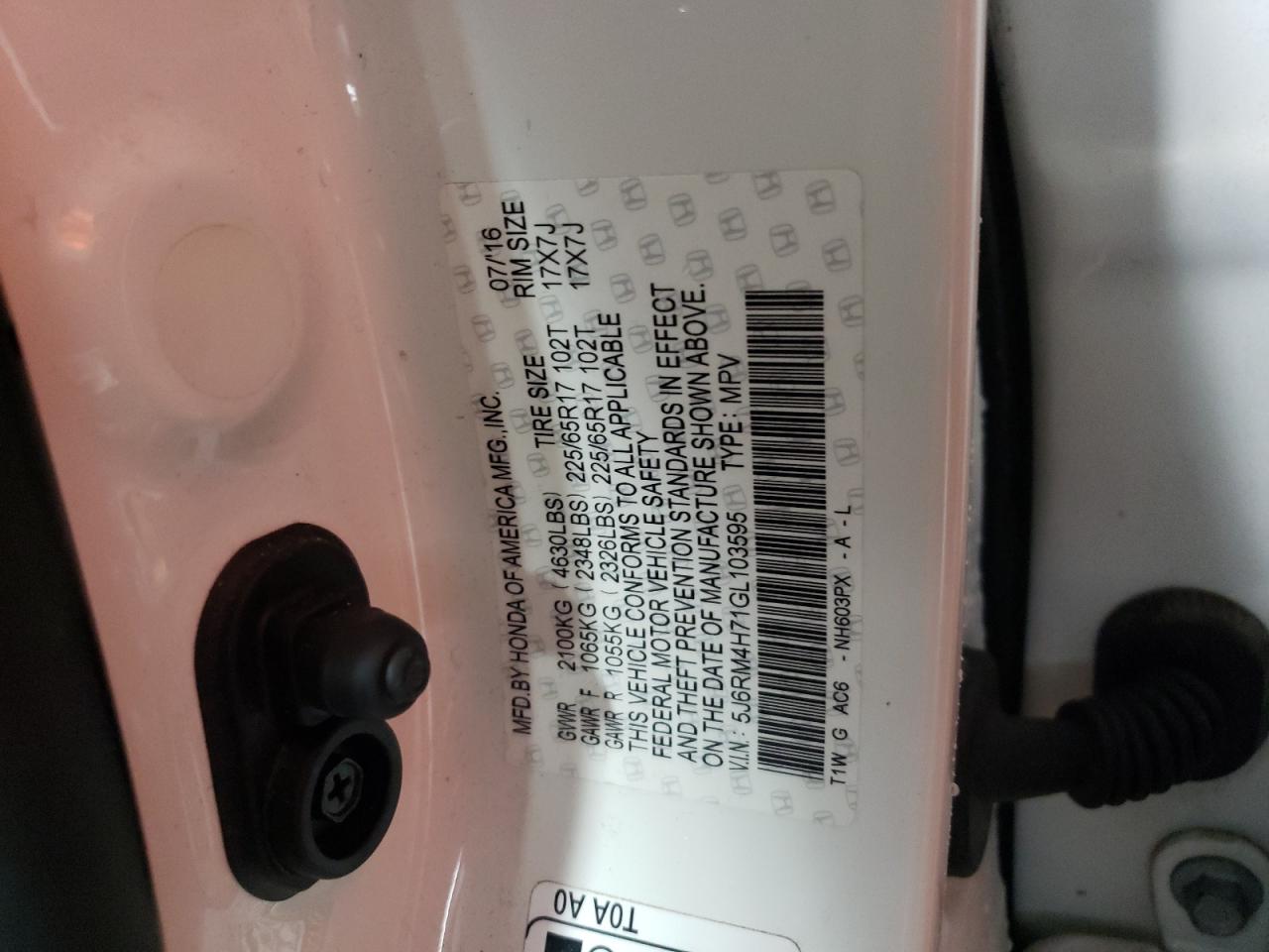 Photo 10 from auction – 2016 HONDA CR-V EXL with VIN 5J6RM4H71GL103595