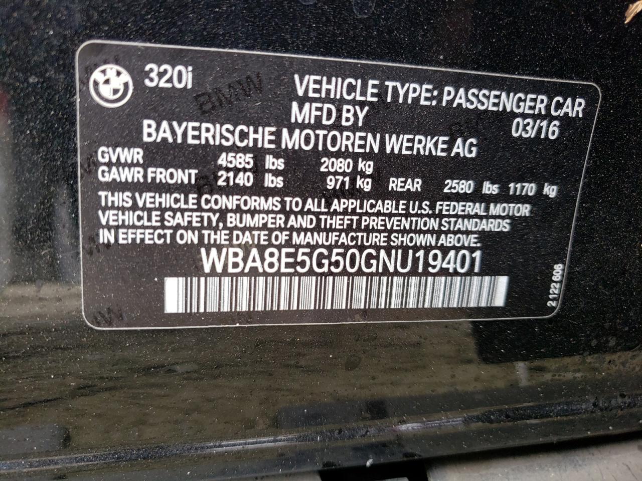 Photo 10 from auction – 2016 BMW 320 XI with VIN WBA8E5G50GNU19401