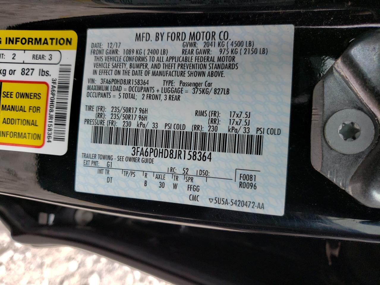 Photo 10 from auction – 2018 FORD FUSION SE with VIN 3FA6P0HD8JR158364