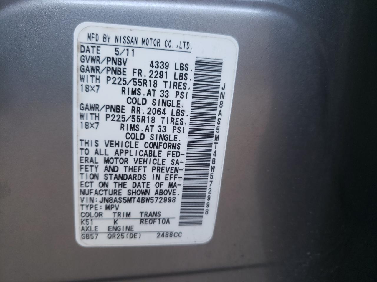 Photo 10 from auction – 2011 NISSAN ROGUE S with VIN JN8AS5MT4BW572998