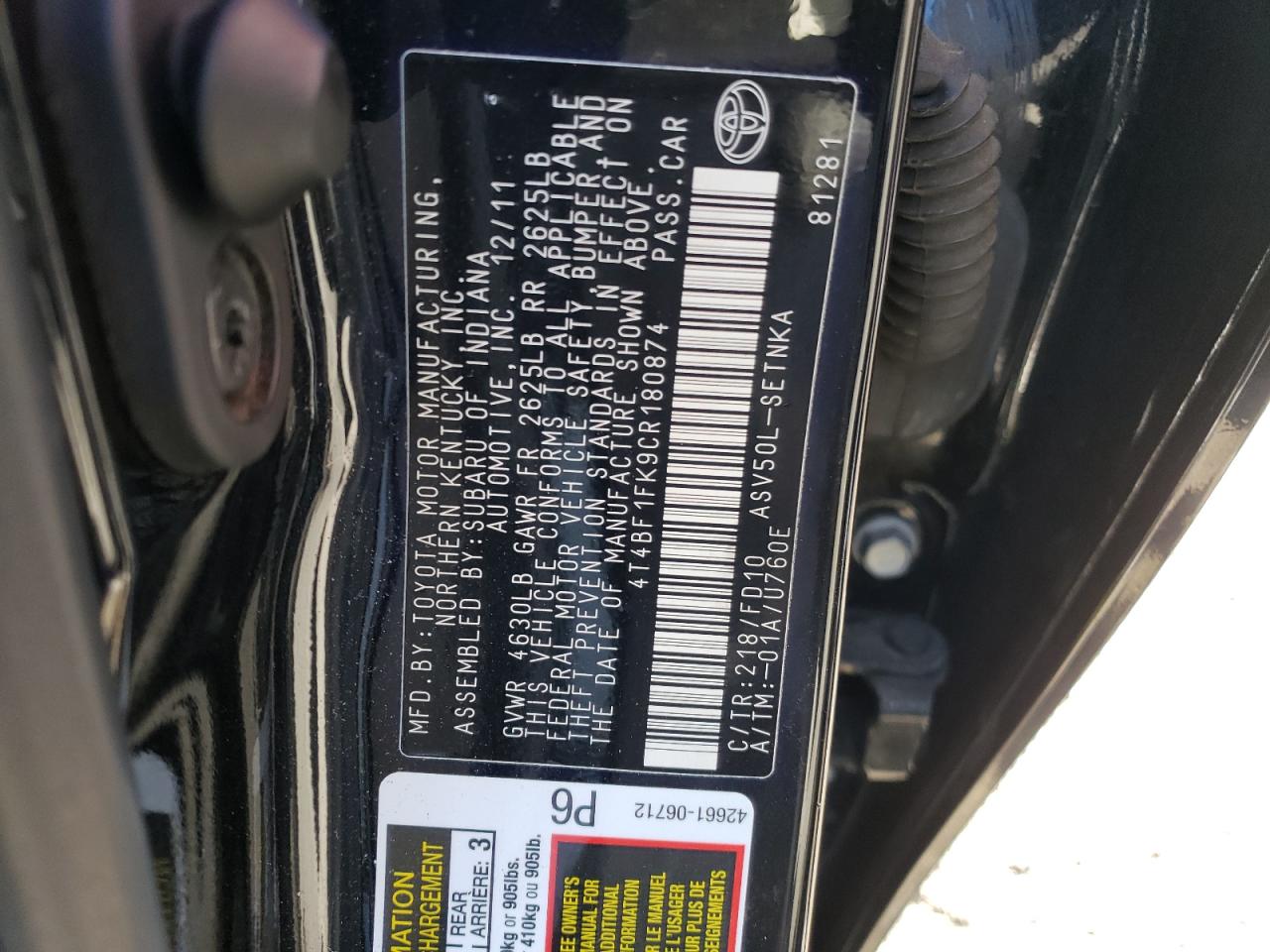Photo 10 from auction – 2012 TOYOTA CAMRY BASE with VIN 4T4BF1FK9CR180874