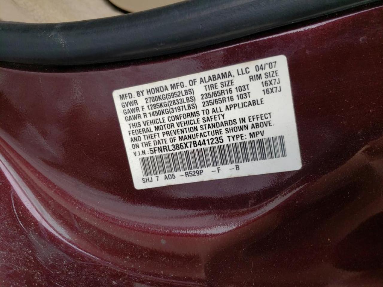 Photo 10 from auction – 2007 HONDA ODYSSEY EX with VIN 5FNRL386X7B441235