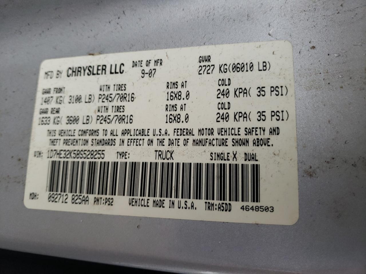 Foto 10 de la subasta – 2008 DODGE DAKOTA SXT con VIN 1D7HE32K58S528255