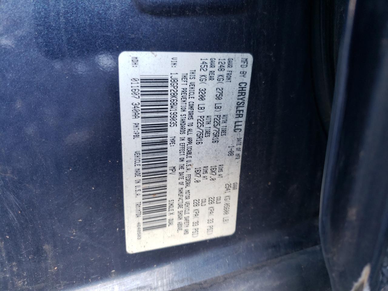 Photo 10 from auction – 2008 JEEP LIBERTY SP with VIN 1J8GP28K68W199035