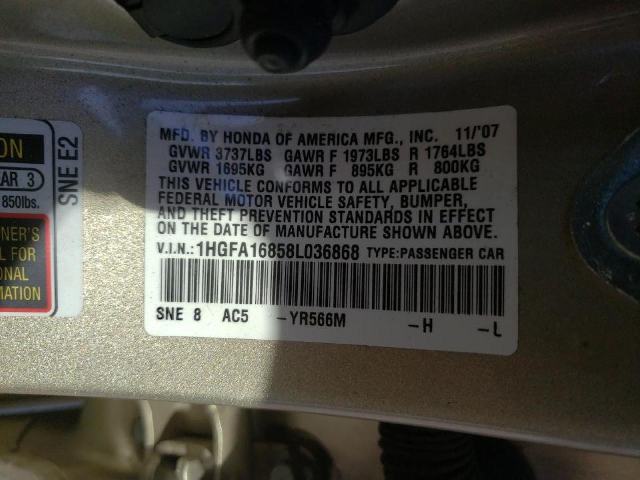 Photo 10 from auction – 2008 HONDA CIVIC EX with VIN 1HGFA16858L036868