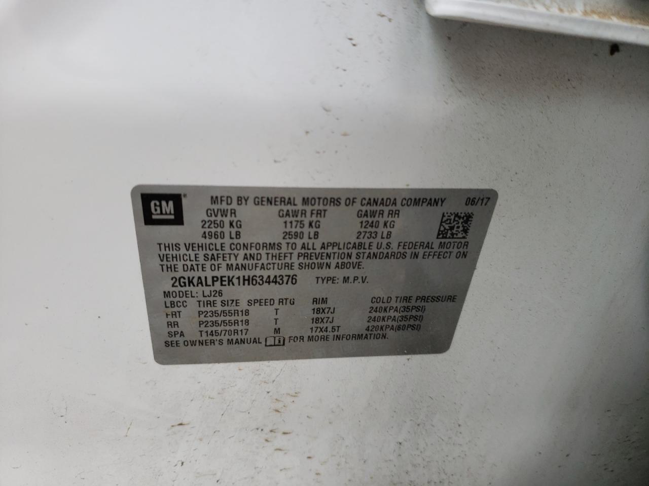 Photo 10 from auction – 2017 GMC TERRAIN SL with VIN 2GKALPEK1H6344376