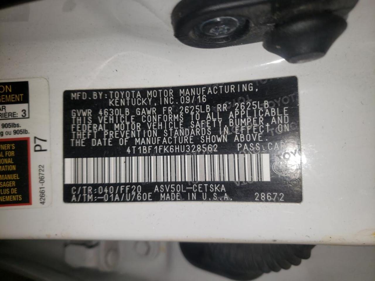 Photo 10 from auction – 2017 TOYOTA CAMRY LE with VIN 4T1BF1FK6HU328562