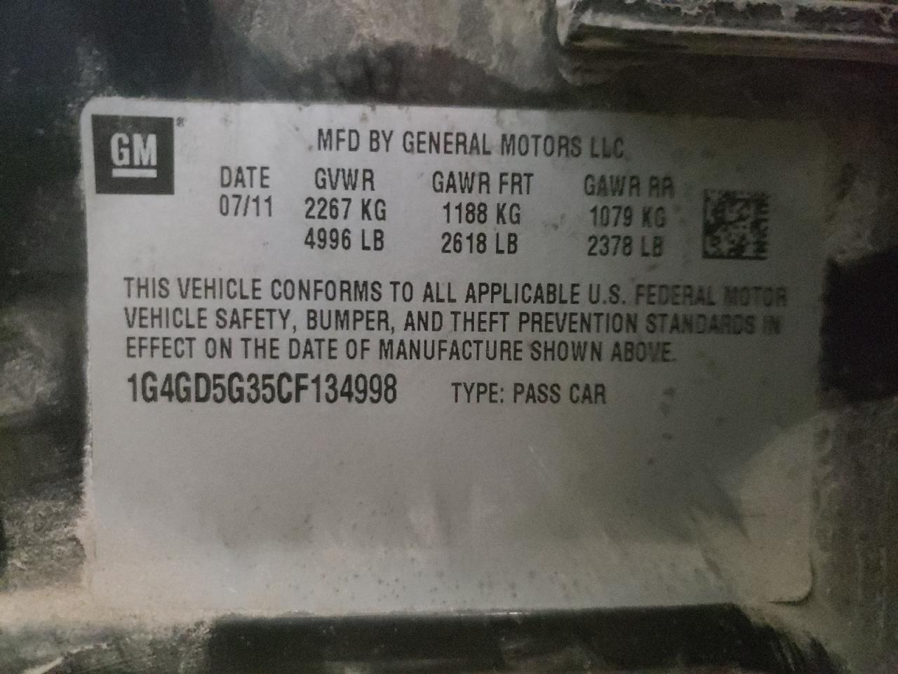 Photo 10 from auction – 2012 BUICK LACROSSE P with VIN 1G4GD5G35CF134998