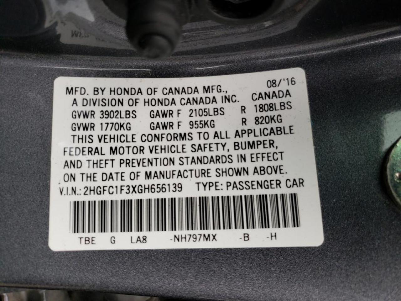 Photo 10 from auction – 2016 HONDA CIVIC EX with VIN 2HGFC1F3XGH656139