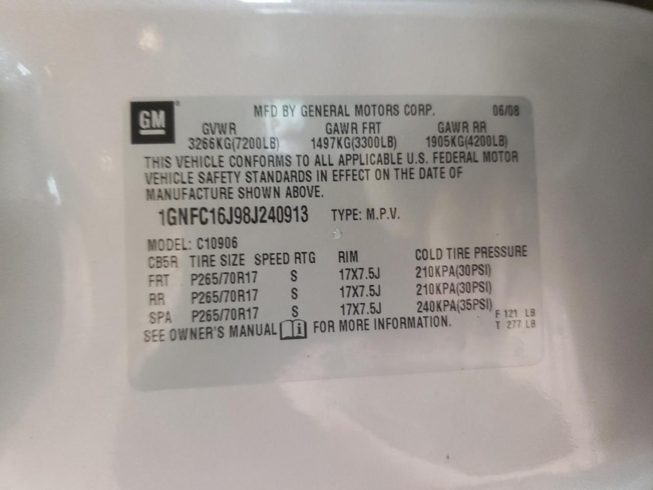 Photo 10 from auction – 2008 CHEVROLET SUBURBAN C with VIN 1GNFC16J98J240913