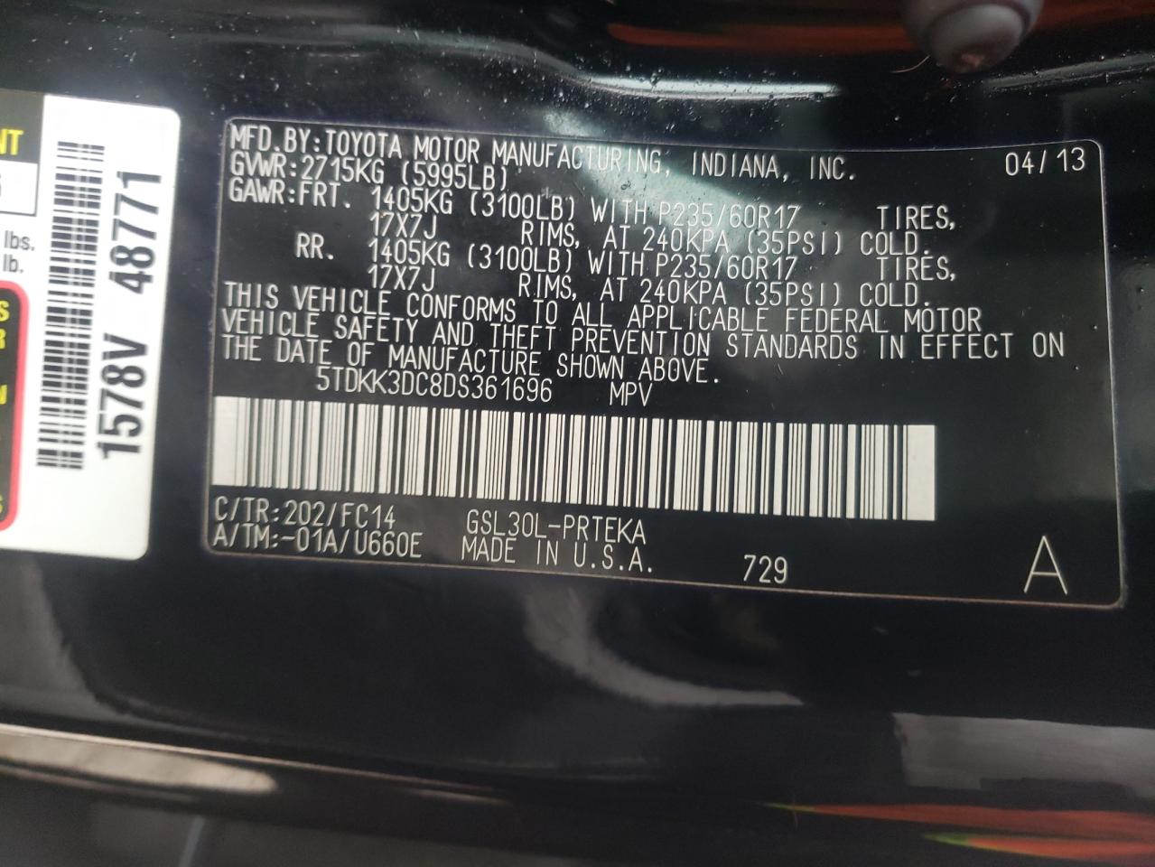 Photo 10 from auction – 2013 TOYOTA SIENNA LE with VIN 5TDKK3DC8DS361696