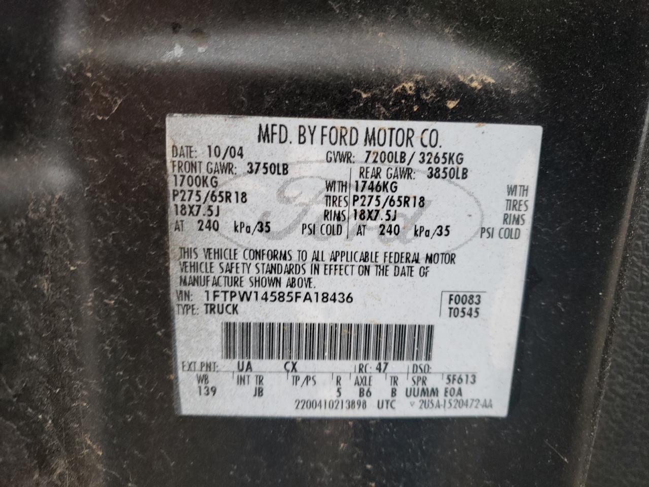 Photo 10 from auction – 2005 FORD F150 SUPER with VIN 1FTPW14585FA18436