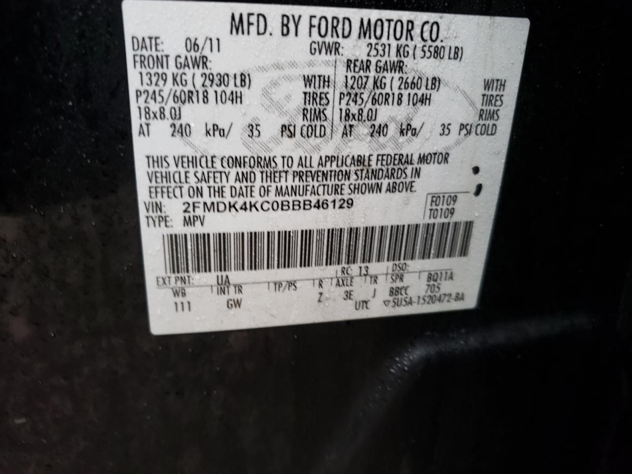 Photo 10 from auction – 2011 FORD EDGE with VIN 2FMDK4KC0BBB46129