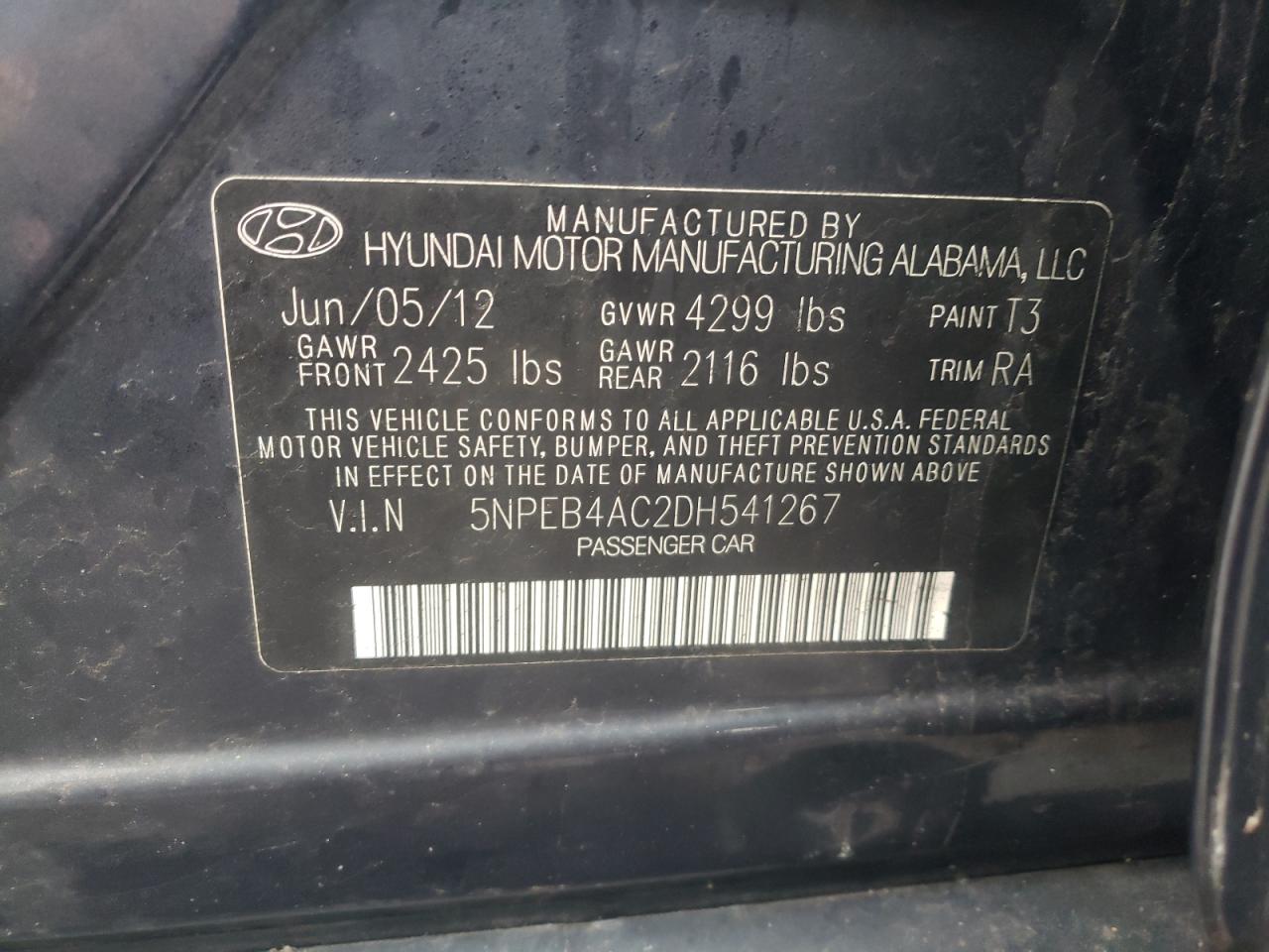 Photo 10 from auction – 2013 HYUNDAI SONATA GLS with VIN 5NPEB4AC2DH541267