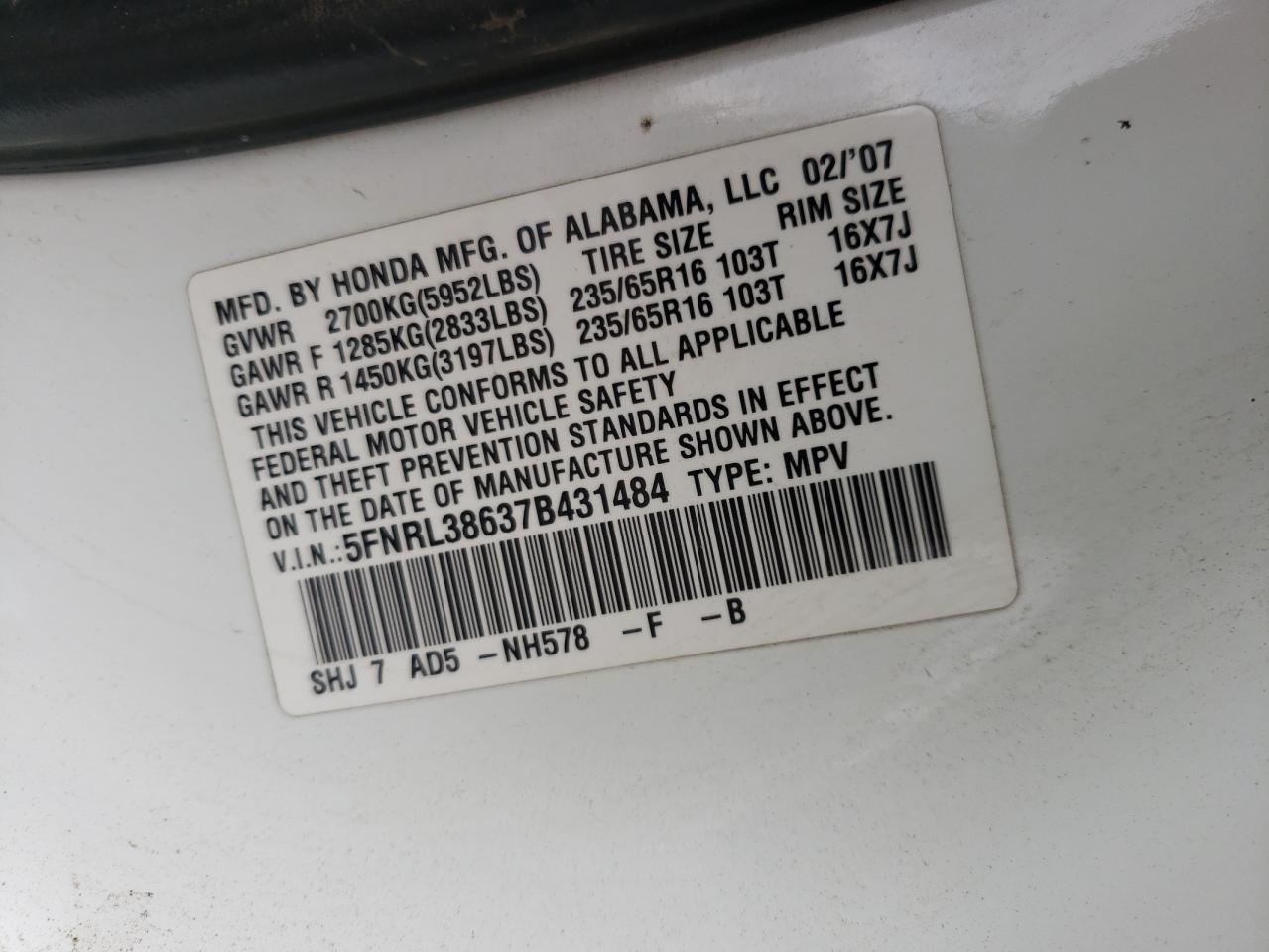 Photo 10 from auction – 2007 HONDA ODYSSEY EX with VIN 5FNRL38637B431484