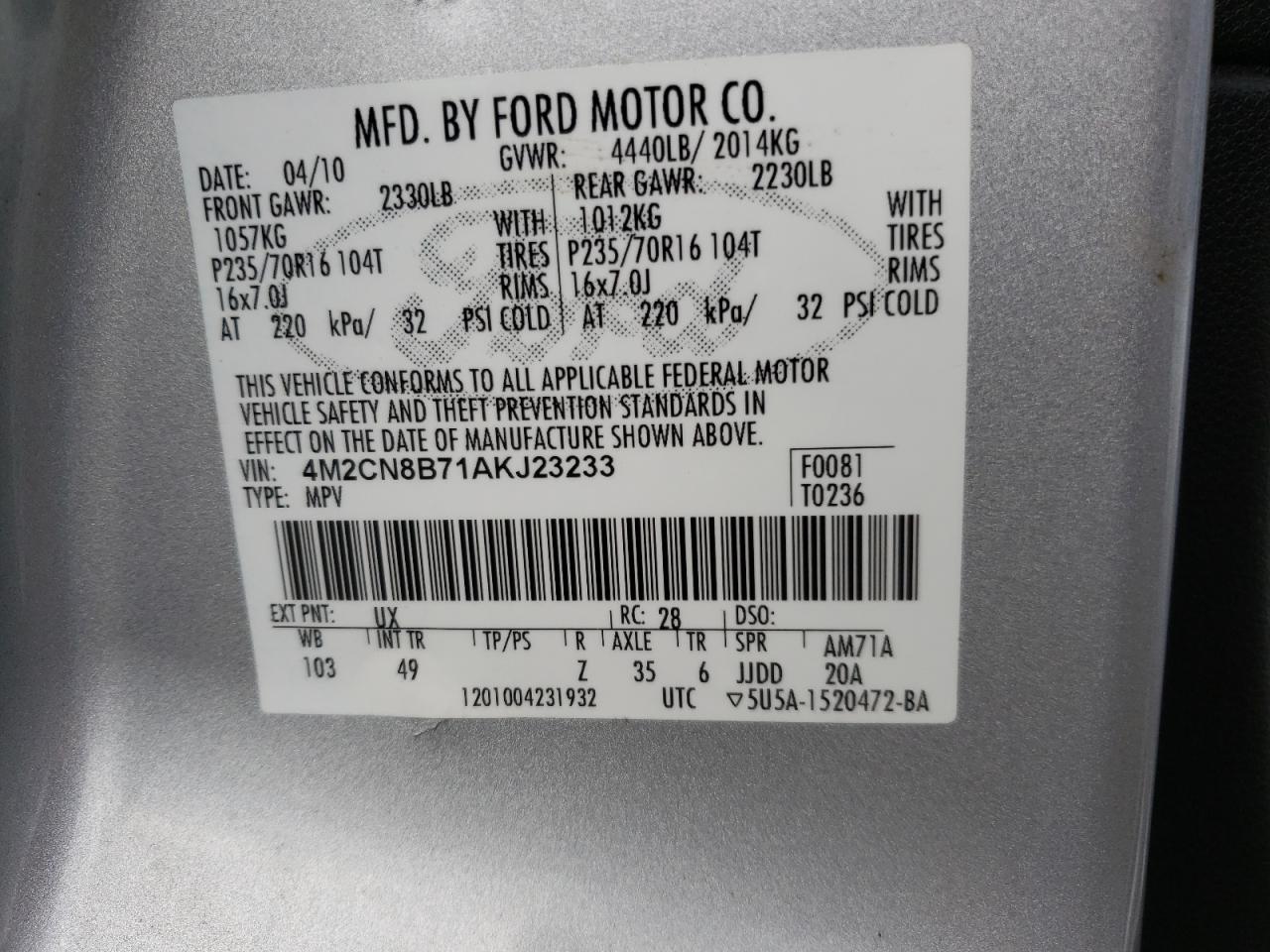 Photo 10 from auction – 2010 MERCURY MARINER with VIN 4M2CN8B71AKJ23233