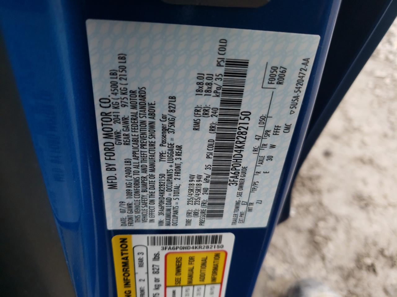 Photo 10 from auction – 2019 FORD FUSION SE with VIN 3FA6P0HD4KR282150