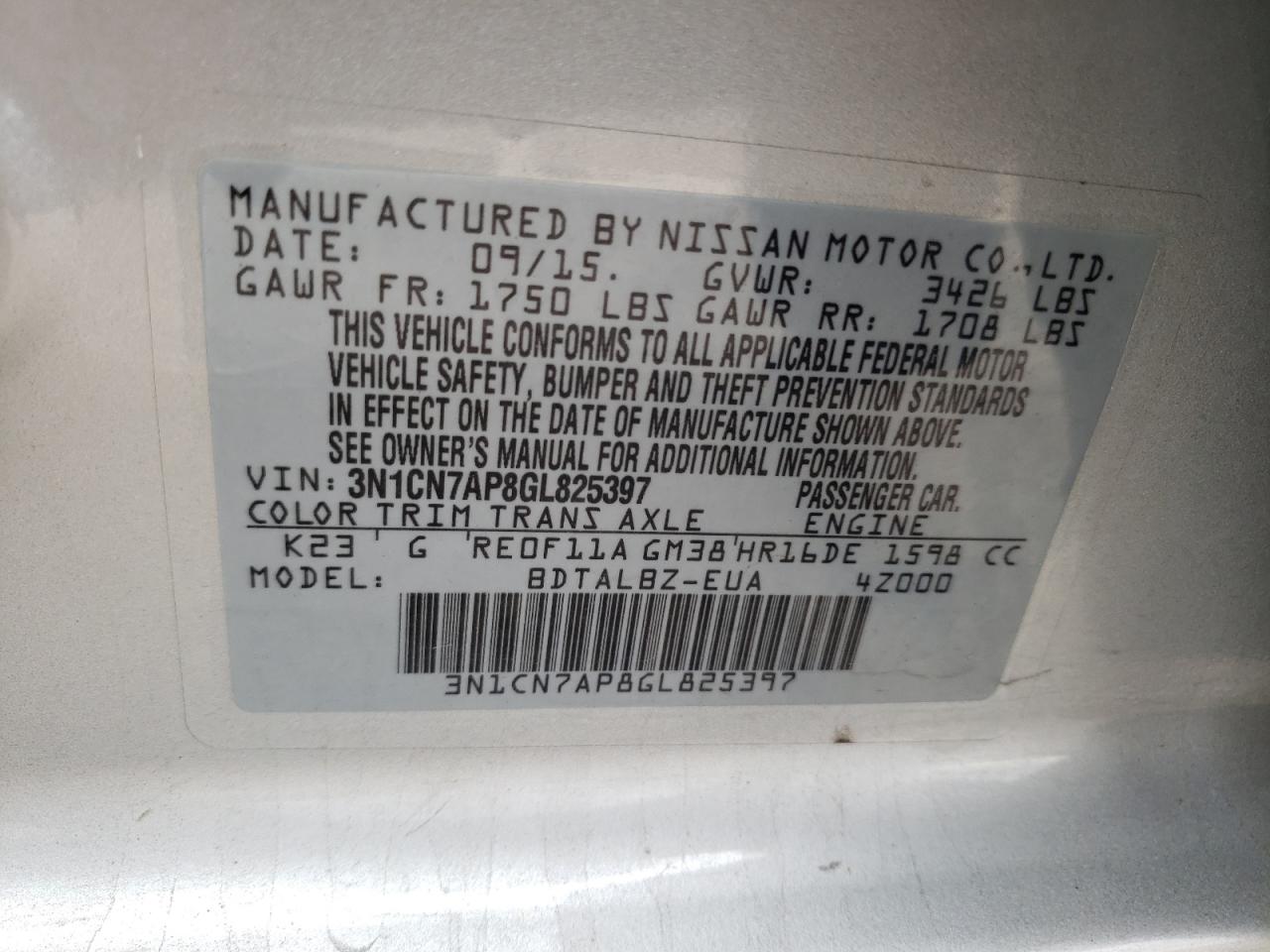 Photo 10 from auction – 2016 NISSAN VERSA S with VIN 3N1CN7AP8GL825397