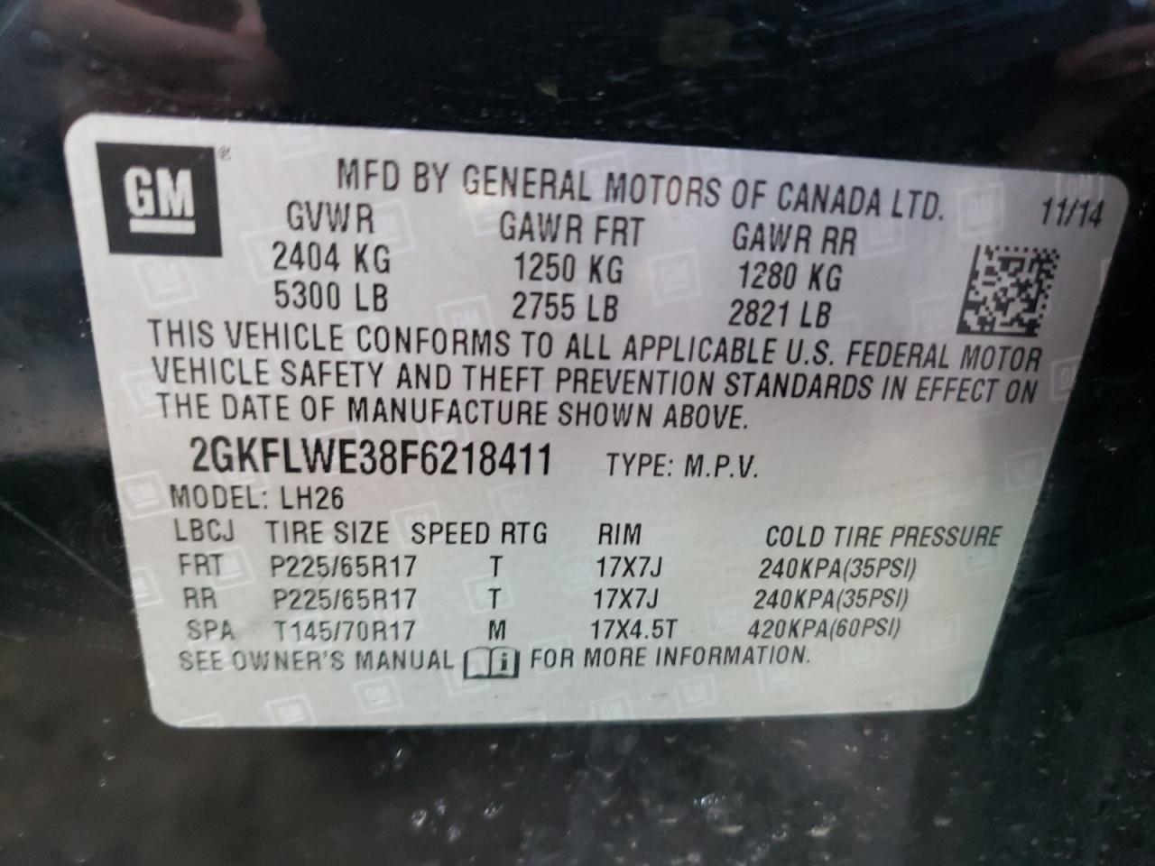Photo 10 from auction – 2015 GMC TERRAIN SL with VIN 2GKFLWE38F6218411